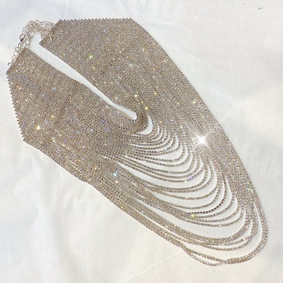 Silver -Tone Rhinestone Pave Waterfall Bib Necklace Multi Strand Chain Collar - Picture 7 of 10